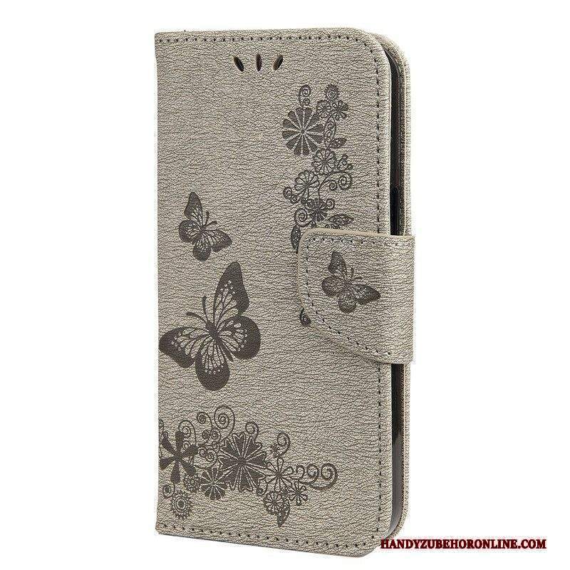 Custodia in pelle iPhone 13 Mini Splendide Farfalle Cinturino