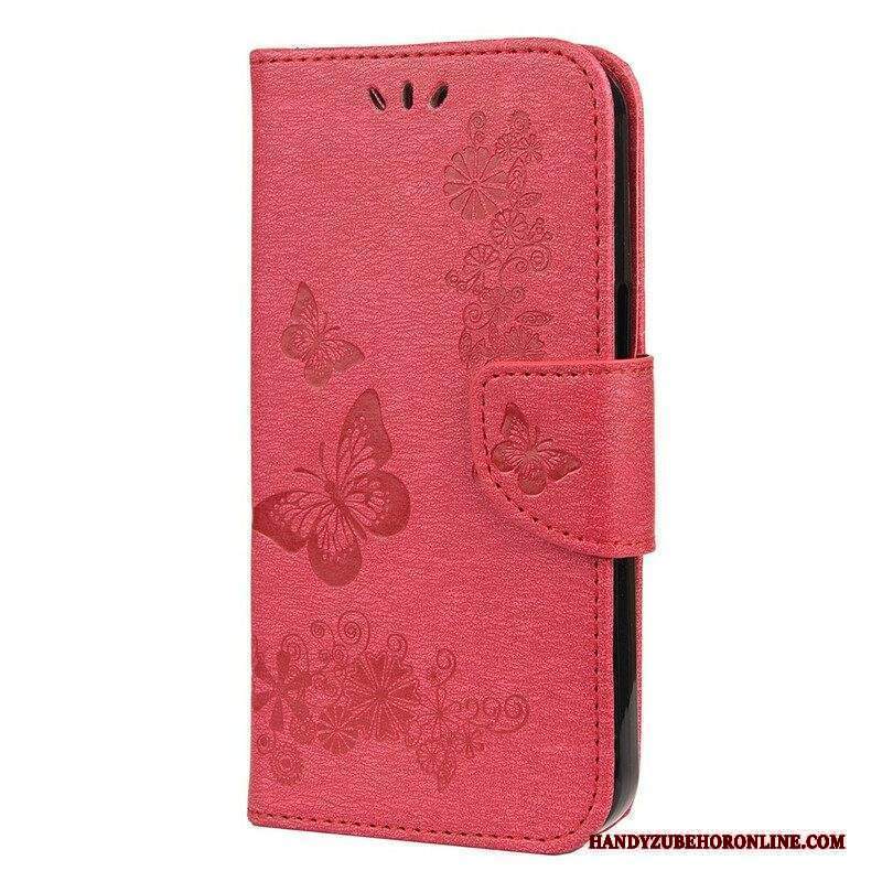 Custodia in pelle iPhone 13 Mini Splendide Farfalle Cinturino