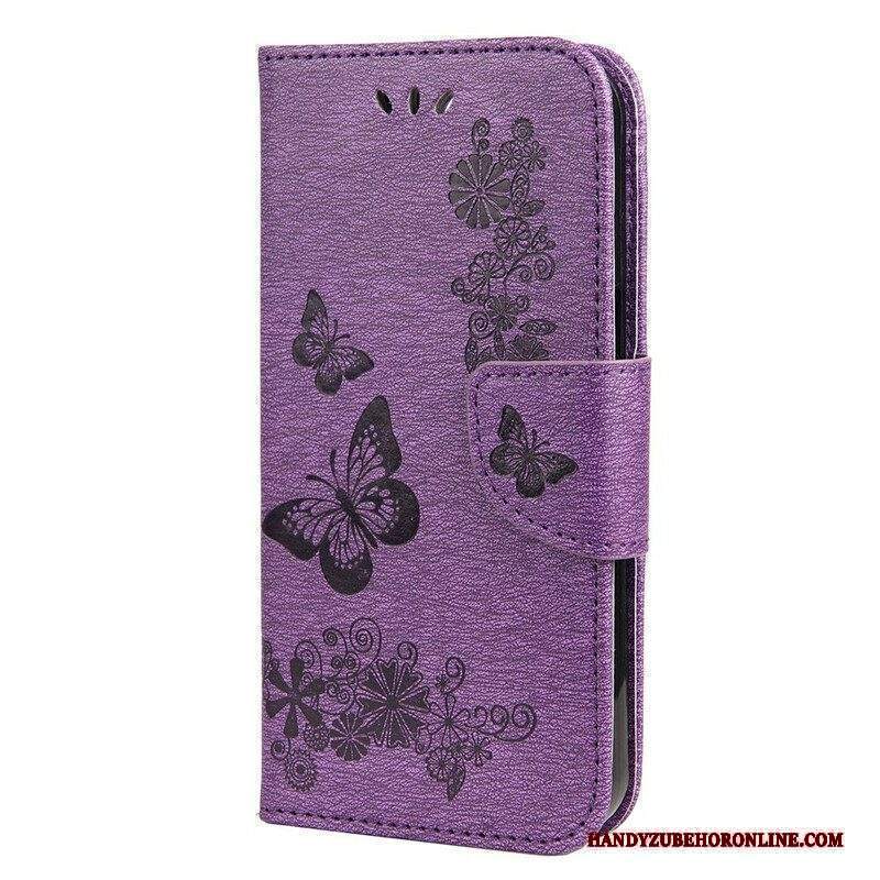 Custodia in pelle iPhone 13 Mini Splendide Farfalle Cinturino