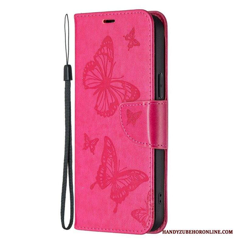 Custodia in pelle iPhone 13 Pro Farfalle Stampate Strappy