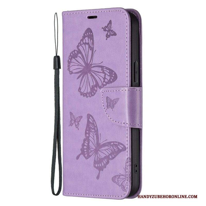 Custodia in pelle iPhone 13 Pro Farfalle Stampate Strappy