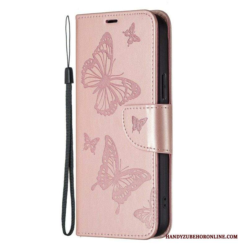 Custodia in pelle iPhone 13 Pro Farfalle Stampate Strappy