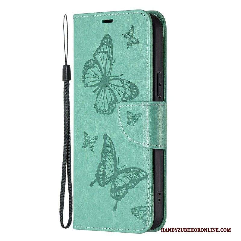 Custodia in pelle iPhone 13 Pro Max Folio Cover Farfalle E Lembo Obliquo