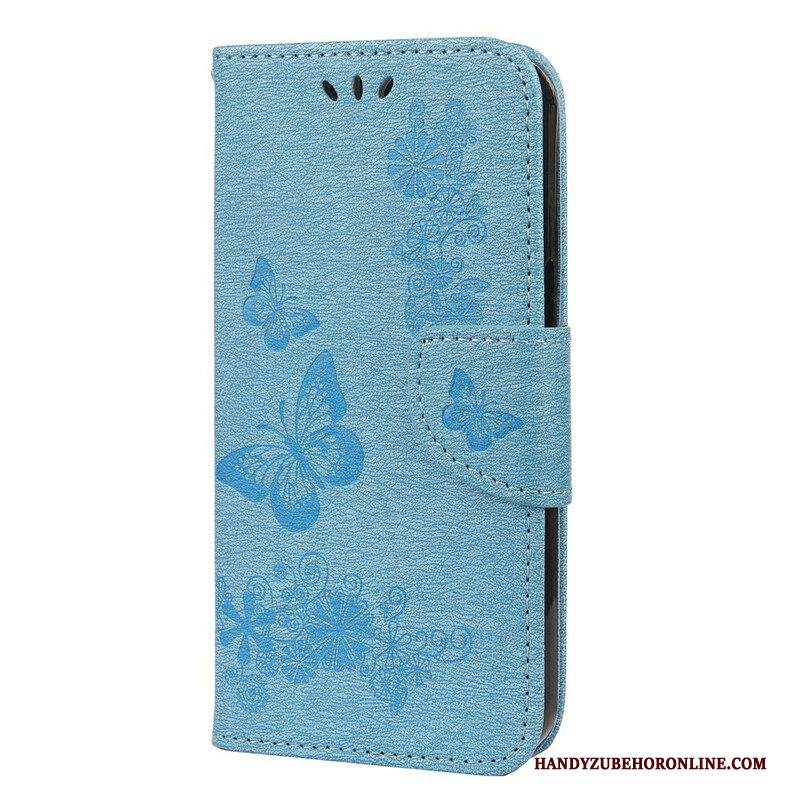 Custodia in pelle iPhone 13 Pro Splendide Farfalle Cinturino