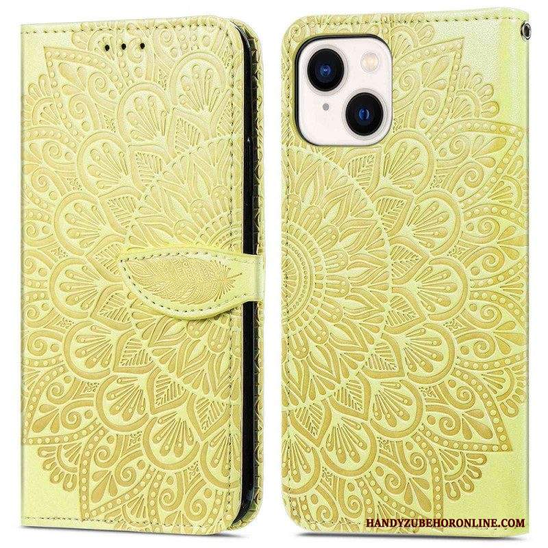 Custodia in pelle iPhone 14 Plus Foglie Tribali