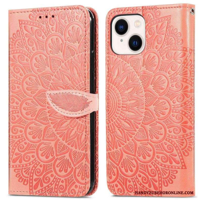 Custodia in pelle iPhone 14 Plus Foglie Tribali