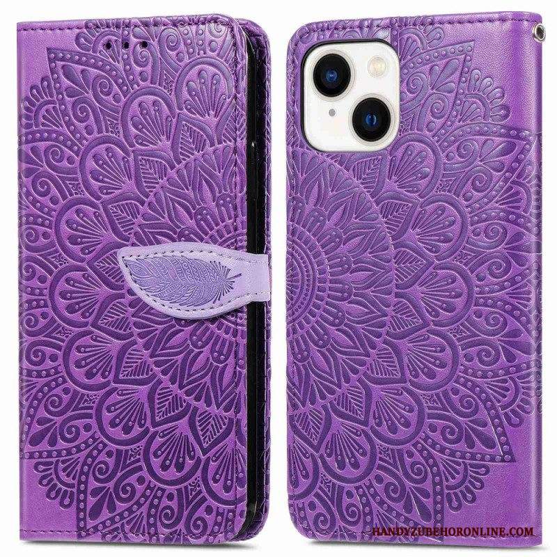 Custodia in pelle iPhone 14 Plus Foglie Tribali