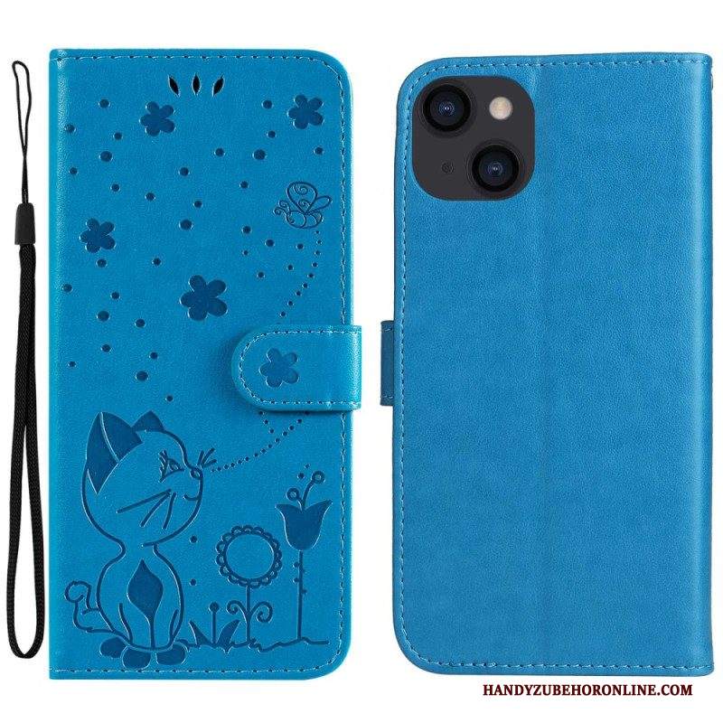 Custodia in pelle iPhone 14 Plus Gatto E Ape Con Cordino