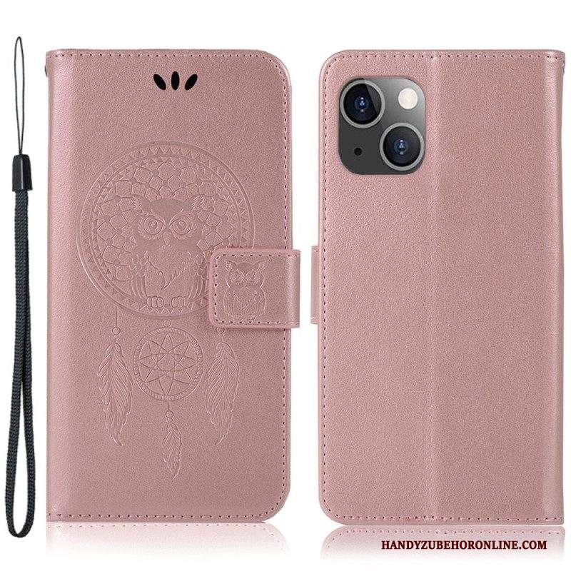 Custodia in pelle iPhone 14 Plus Gufo Acchiappasogni Con Cinturino