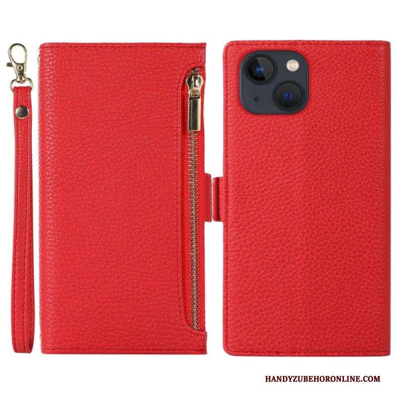 Custodia in pelle iPhone 14 Plus Litchi In Pelle Con Cinturino E Cerniera