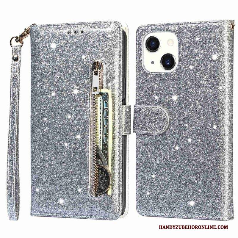 Custodia in pelle iPhone 14 Plus Portamonete Glitterato