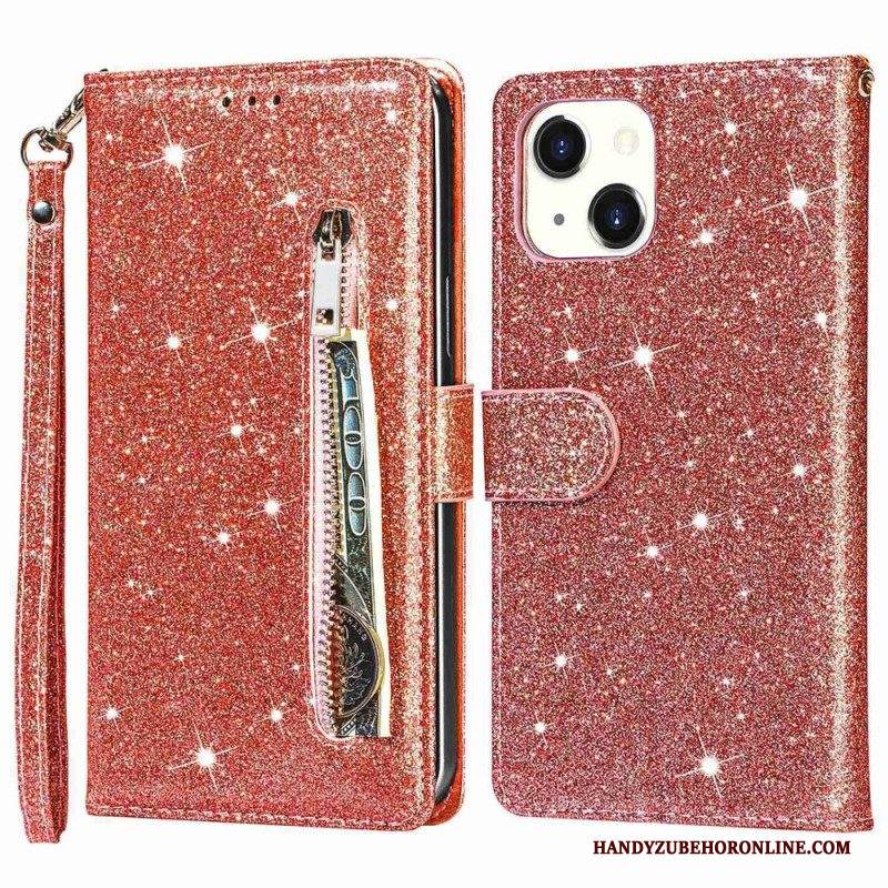 Custodia in pelle iPhone 14 Plus Portamonete Glitterato