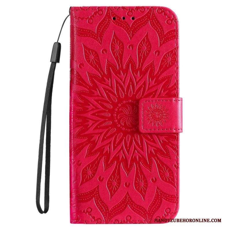 Custodia in pelle iPhone 14 Pro Max Mandala Sole Con Cordino