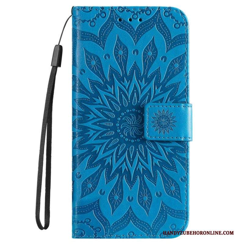 Custodia in pelle iPhone 14 Pro Max Mandala Sole Con Cordino