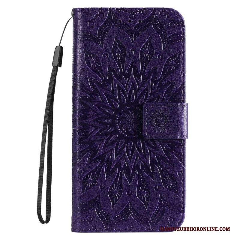 Custodia in pelle iPhone 14 Pro Max Mandala Sole Con Cordino