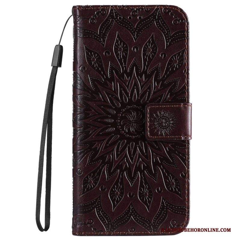 Custodia in pelle iPhone 14 Pro Max Mandala Sole Con Cordino