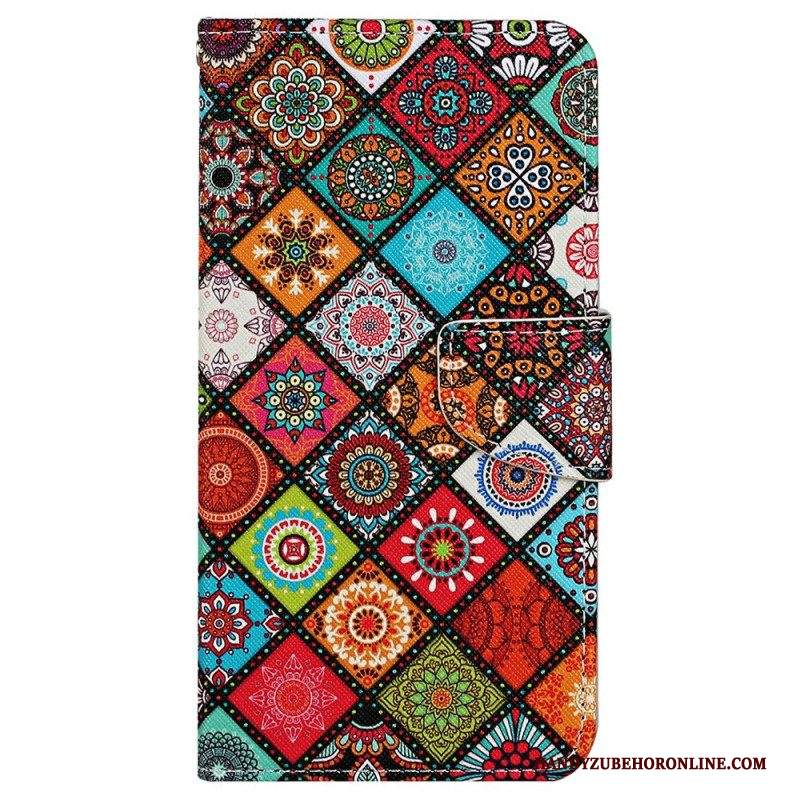 Custodia in pelle iPhone 15 Grazioso Patchwork Con Cinturino