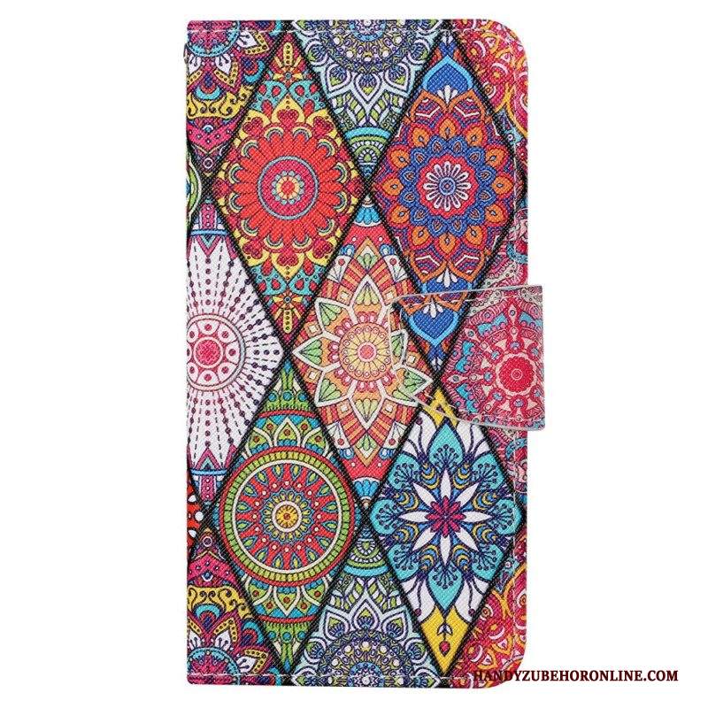 Custodia in pelle iPhone 15 Grazioso Patchwork Con Cinturino