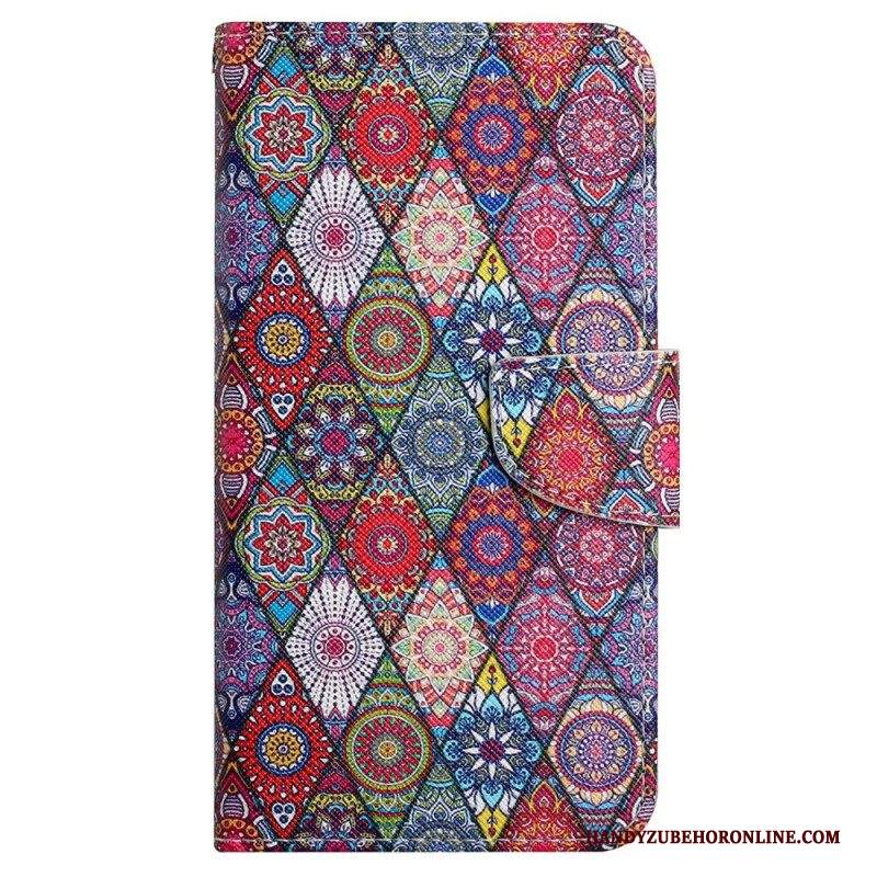 Custodia in pelle iPhone 15 Grazioso Patchwork Con Cinturino