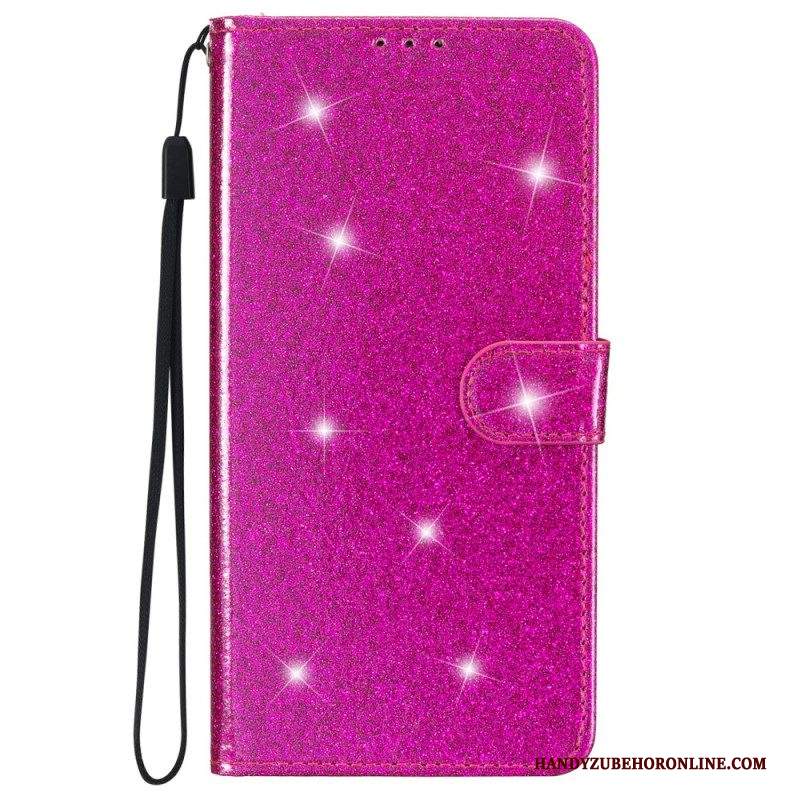 Custodia in pelle iPhone 15 Plus Effetto Glitter Con Cinturino