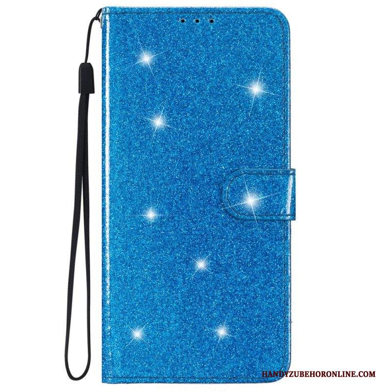 Custodia in pelle iPhone 15 Plus Effetto Glitter Con Cinturino