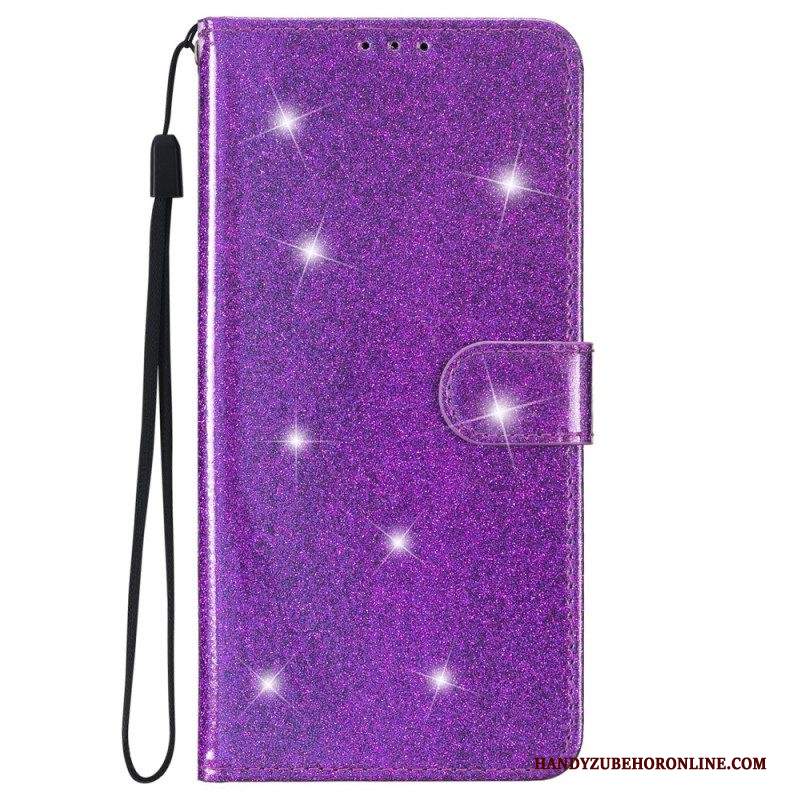 Custodia in pelle iPhone 15 Plus Effetto Glitter Con Cinturino