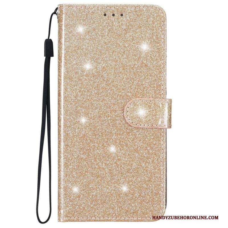 Custodia in pelle iPhone 15 Plus Effetto Glitter Con Cinturino