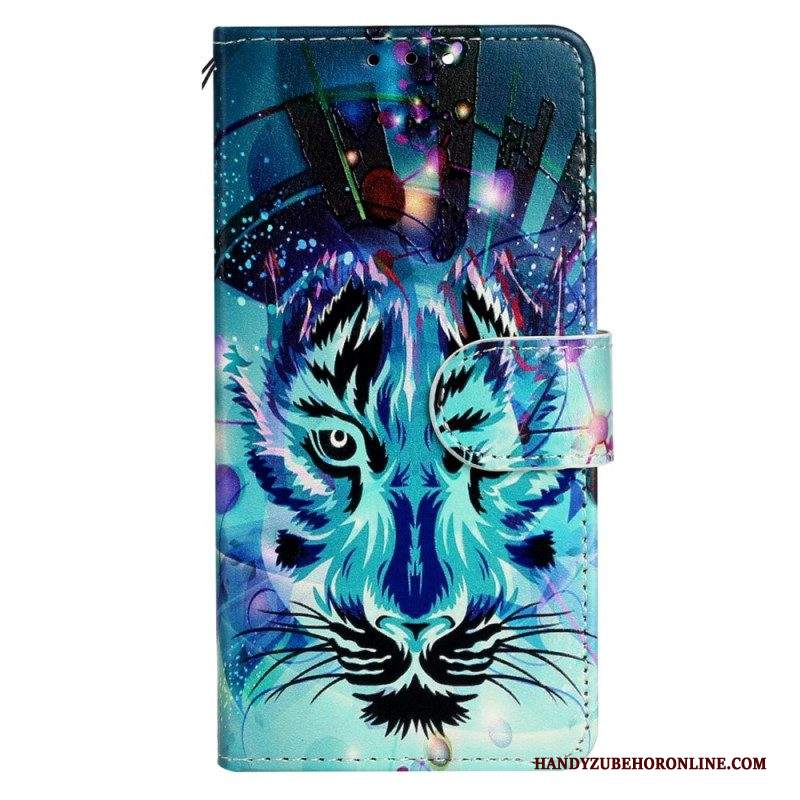 Custodia in pelle iPhone 15 Plus Felino Con Cinturino