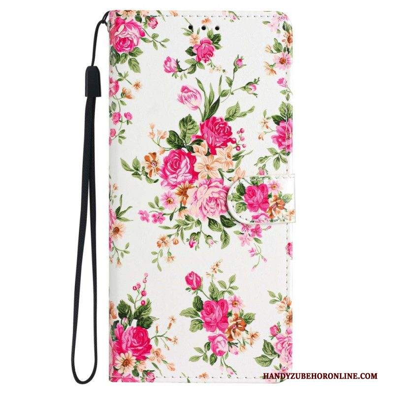 Custodia in pelle iPhone 15 Plus Fiori Con Cinturino