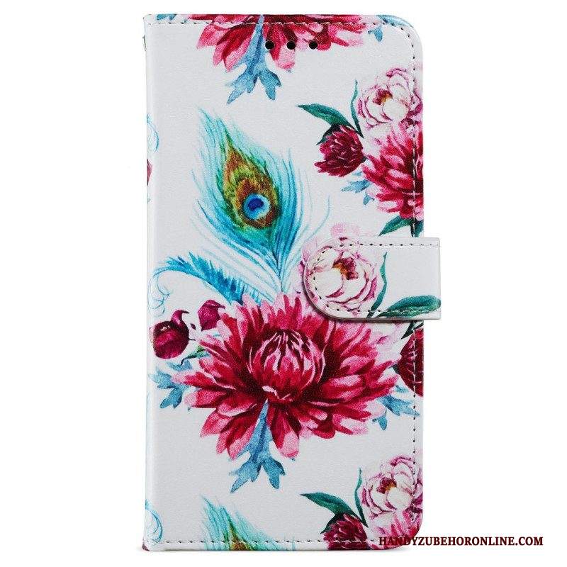 Custodia in pelle iPhone 15 Plus Fiori Con Cinturino