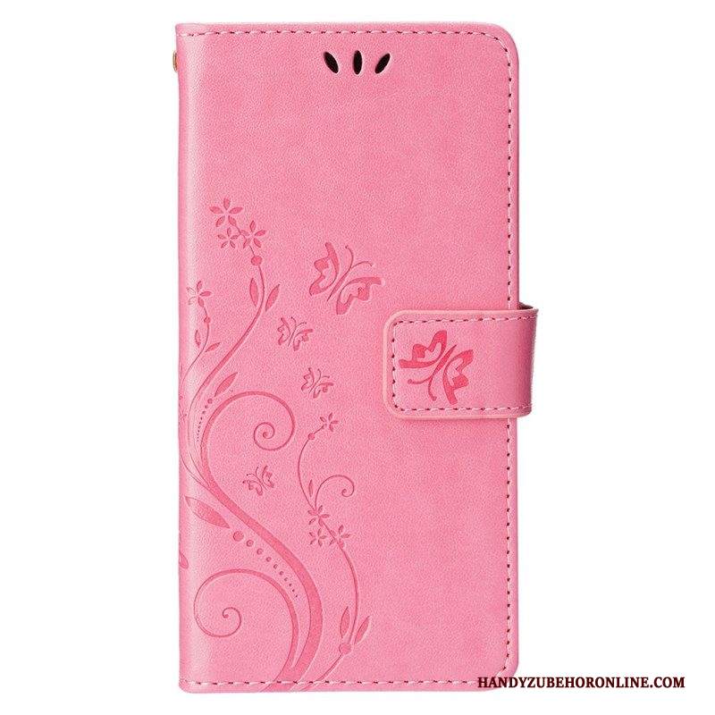 Custodia in pelle iPhone 15 Plus Fiori E Farfalle