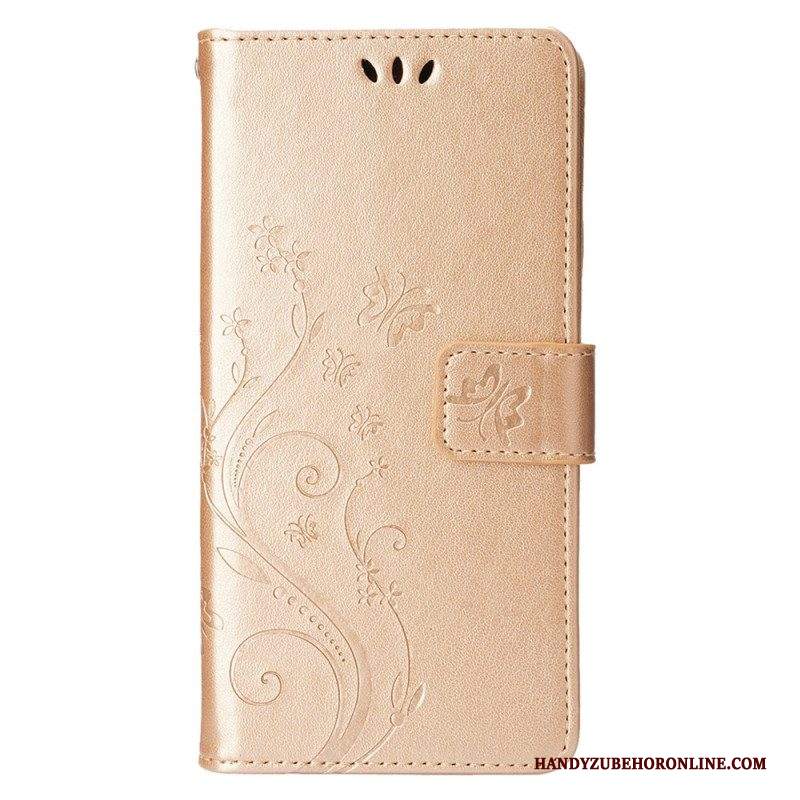 Custodia in pelle iPhone 15 Plus Fiori E Farfalle