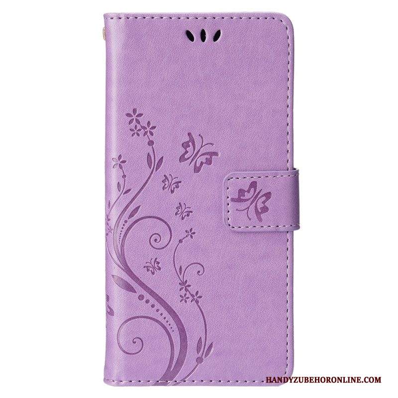 Custodia in pelle iPhone 15 Plus Fiori E Farfalle