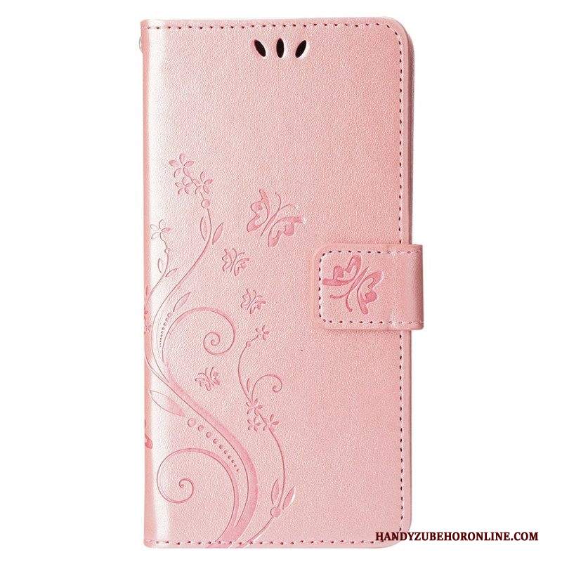 Custodia in pelle iPhone 15 Plus Fiori E Farfalle