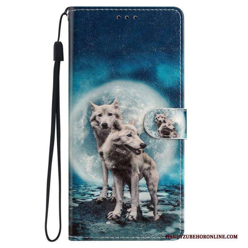 Custodia in pelle iPhone 15 Plus Lupi Con Cordino