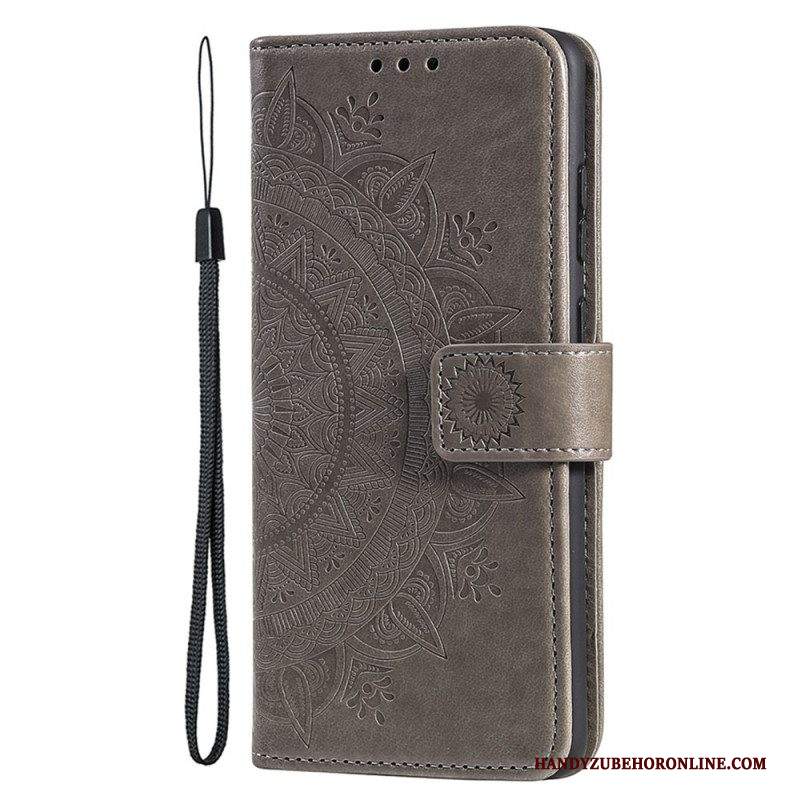 Custodia in pelle iPhone 15 Plus Mandala Del Sole Con Cordino