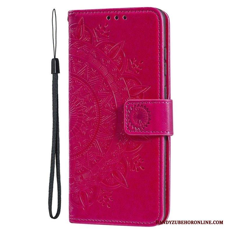 Custodia in pelle iPhone 15 Plus Mandala Del Sole Con Cordino