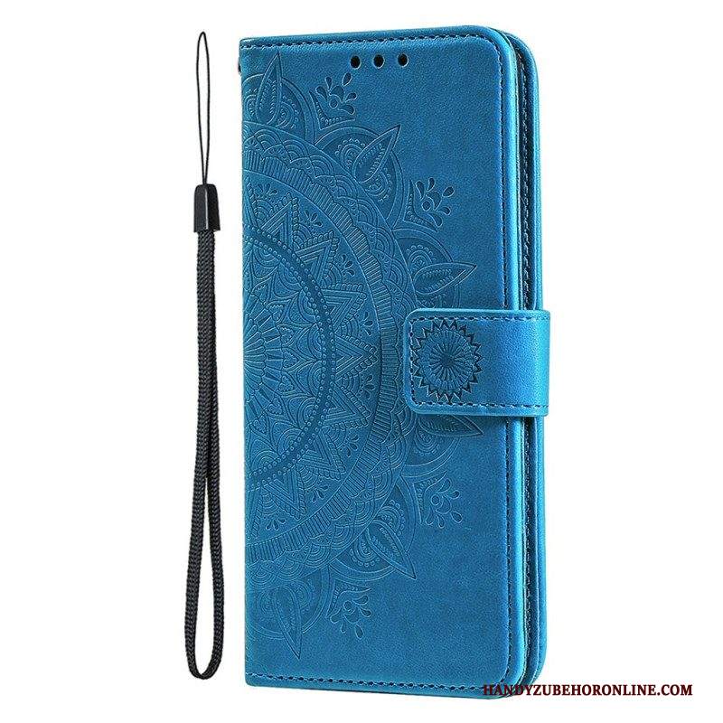 Custodia in pelle iPhone 15 Plus Mandala Del Sole Con Cordino