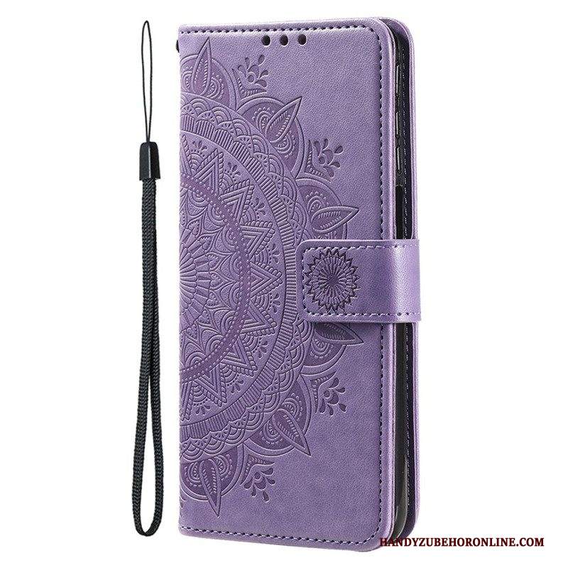 Custodia in pelle iPhone 15 Plus Mandala Del Sole Con Cordino