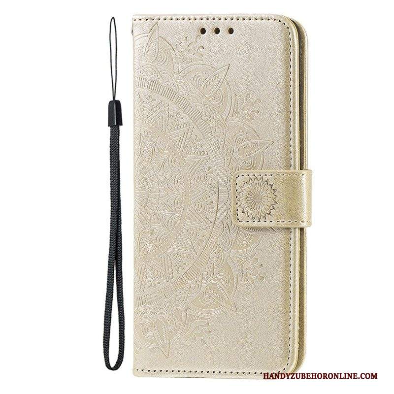 Custodia in pelle iPhone 15 Plus Mandala Del Sole Con Cordino