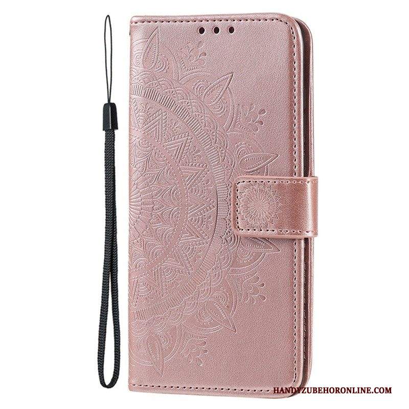 Custodia in pelle iPhone 15 Plus Mandala Del Sole Con Cordino