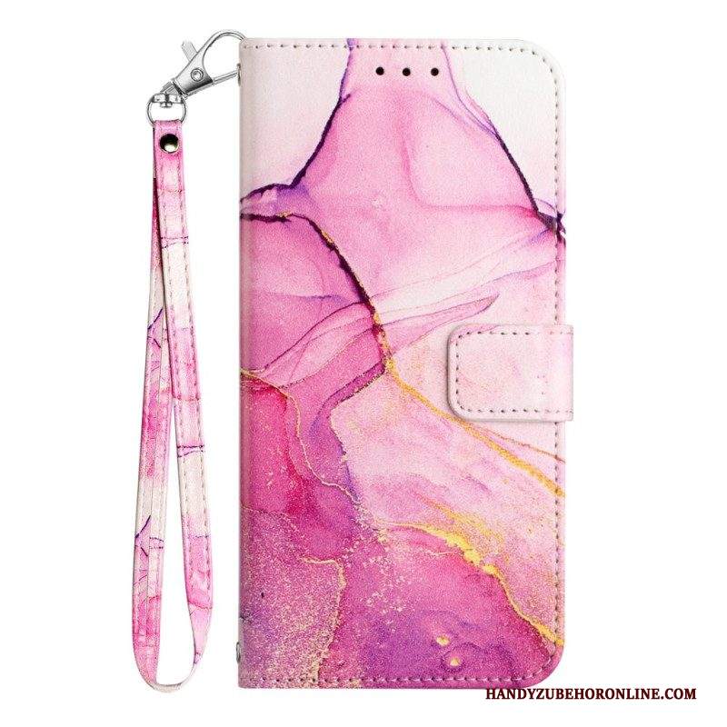 Custodia in pelle iPhone 15 Plus Marmo Con Cordino