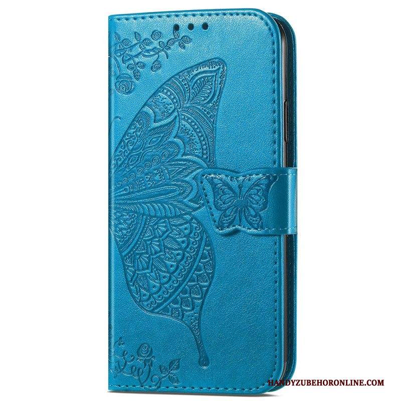 Custodia in pelle iPhone 15 Pro Max Farfalla Barocca Con Cinturino