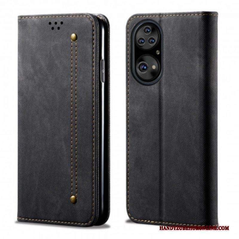 Folio Cover Huawei P50 Pro Custodia in pelle Trama Di Jeans In Ecopelle