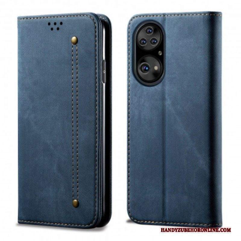 Folio Cover Huawei P50 Pro Custodia in pelle Trama Di Jeans In Ecopelle