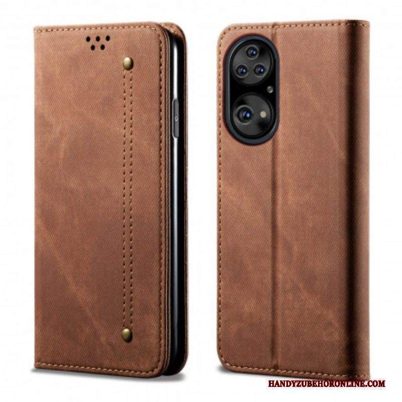 Folio Cover Huawei P50 Pro Custodia in pelle Trama Di Jeans In Ecopelle