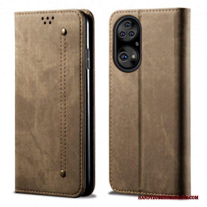 Folio Cover Huawei P50 Pro Custodia in pelle Trama Di Jeans In Ecopelle