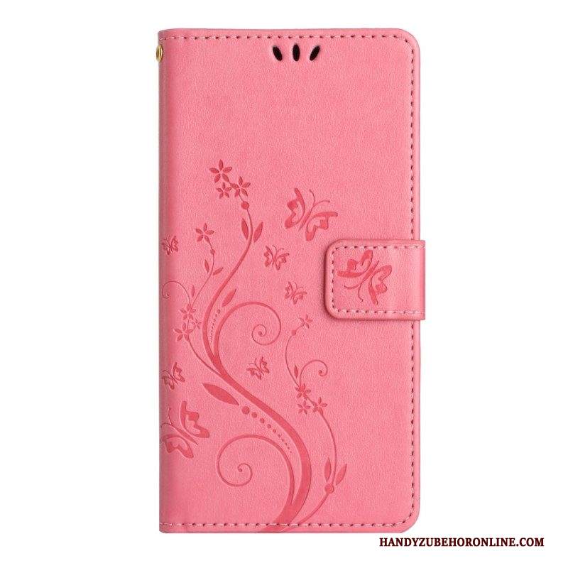 Folio Cover Samsung Galaxy A54 5G Fiori E Farfalle Con Cinturino