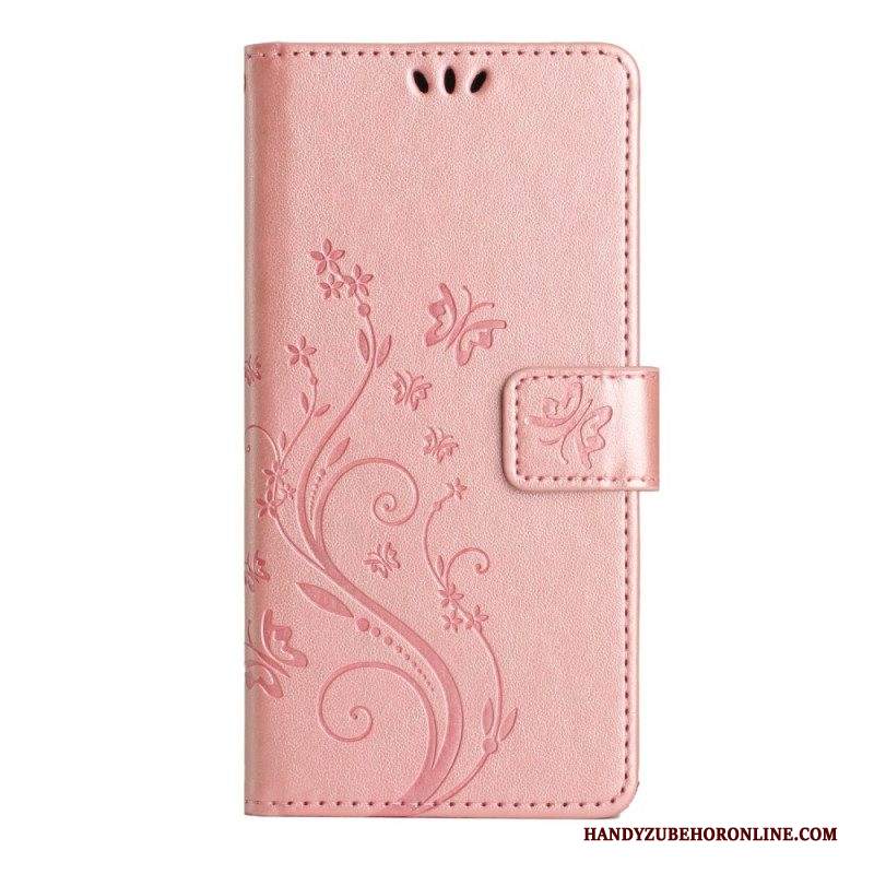 Folio Cover Samsung Galaxy A54 5G Fiori E Farfalle Con Cinturino