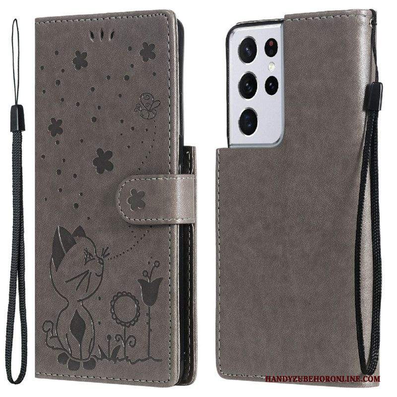 Folio Cover Samsung Galaxy S21 Ultra 5G Gatto E Ape Con Cordino